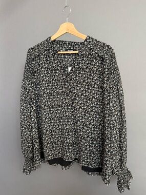 Madewell Floral Smocked Ruffle Blouse Black XL NWT